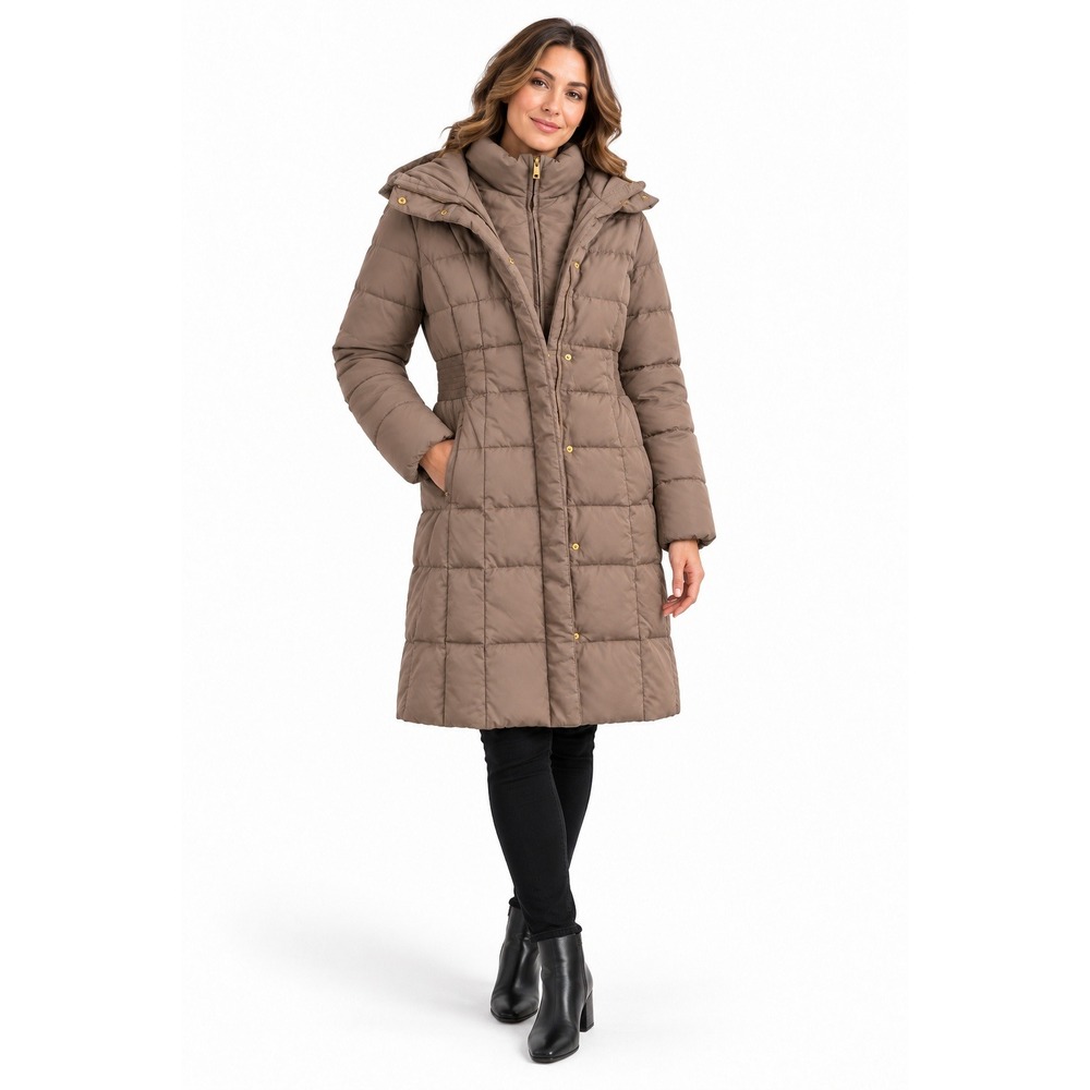 Cole Haan Signature Long Down Puffer Coat Women M Taupe Hooded NWOT